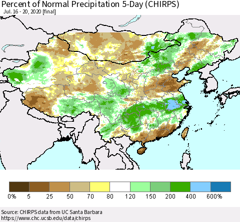 China, Mongolia and Taiwan Percent of Normal Precipitation 5-Day (CHIRPS) Thematic Map For 7/16/2020 - 7/20/2020