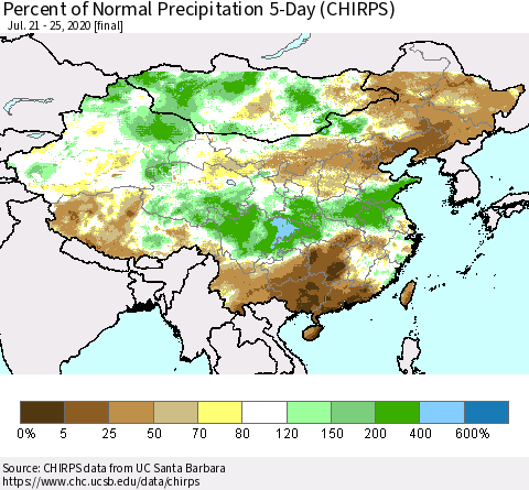 China, Mongolia and Taiwan Percent of Normal Precipitation 5-Day (CHIRPS) Thematic Map For 7/21/2020 - 7/25/2020
