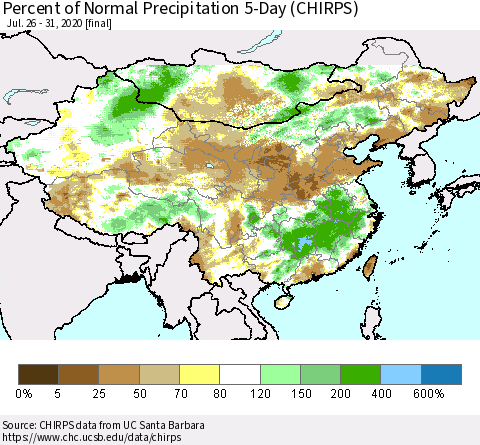 China, Mongolia and Taiwan Percent of Normal Precipitation 5-Day (CHIRPS) Thematic Map For 7/26/2020 - 7/31/2020