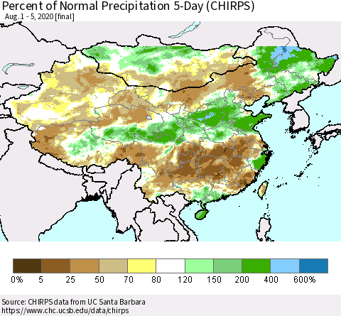 China, Mongolia and Taiwan Percent of Normal Precipitation 5-Day (CHIRPS) Thematic Map For 8/1/2020 - 8/5/2020