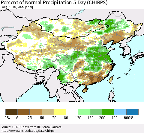 China, Mongolia and Taiwan Percent of Normal Precipitation 5-Day (CHIRPS) Thematic Map For 8/6/2020 - 8/10/2020