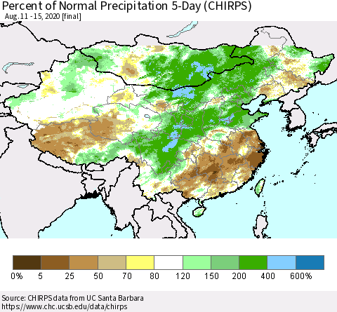 China, Mongolia and Taiwan Percent of Normal Precipitation 5-Day (CHIRPS) Thematic Map For 8/11/2020 - 8/15/2020
