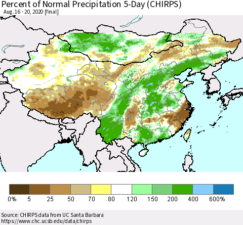 China, Mongolia and Taiwan Percent of Normal Precipitation 5-Day (CHIRPS) Thematic Map For 8/16/2020 - 8/20/2020