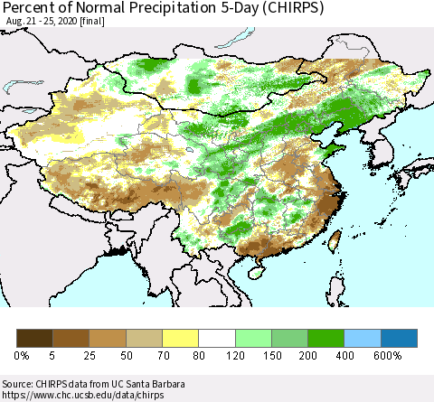 China, Mongolia and Taiwan Percent of Normal Precipitation 5-Day (CHIRPS) Thematic Map For 8/21/2020 - 8/25/2020