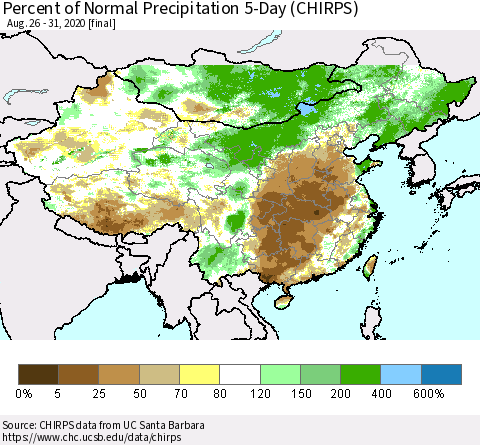 China, Mongolia and Taiwan Percent of Normal Precipitation 5-Day (CHIRPS) Thematic Map For 8/26/2020 - 8/31/2020