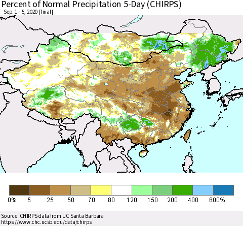China, Mongolia and Taiwan Percent of Normal Precipitation 5-Day (CHIRPS) Thematic Map For 9/1/2020 - 9/5/2020