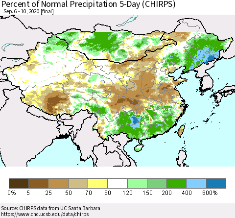 China, Mongolia and Taiwan Percent of Normal Precipitation 5-Day (CHIRPS) Thematic Map For 9/6/2020 - 9/10/2020