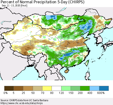 China, Mongolia and Taiwan Percent of Normal Precipitation 5-Day (CHIRPS) Thematic Map For 9/11/2020 - 9/15/2020