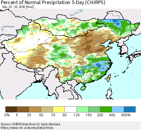 China, Mongolia and Taiwan Percent of Normal Precipitation 5-Day (CHIRPS) Thematic Map For 9/16/2020 - 9/20/2020