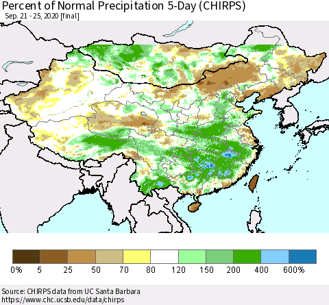 China, Mongolia and Taiwan Percent of Normal Precipitation 5-Day (CHIRPS) Thematic Map For 9/21/2020 - 9/25/2020