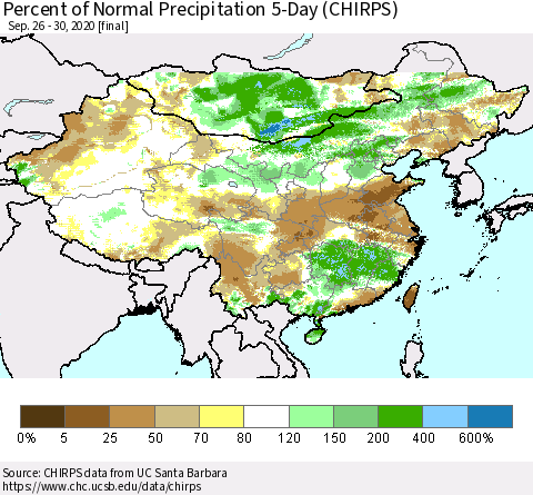 China, Mongolia and Taiwan Percent of Normal Precipitation 5-Day (CHIRPS) Thematic Map For 9/26/2020 - 9/30/2020