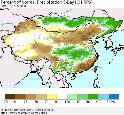 China, Mongolia and Taiwan Percent of Normal Precipitation 5-Day (CHIRPS) Thematic Map For 10/1/2020 - 10/5/2020