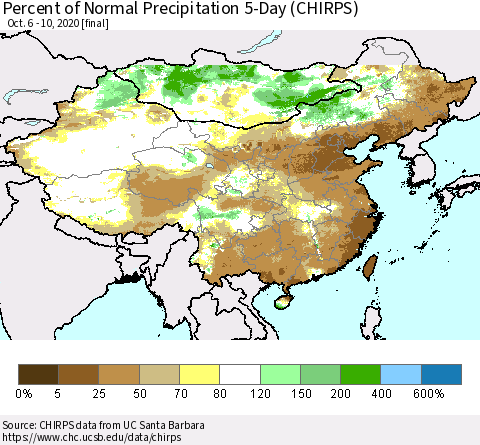 China, Mongolia and Taiwan Percent of Normal Precipitation 5-Day (CHIRPS) Thematic Map For 10/6/2020 - 10/10/2020