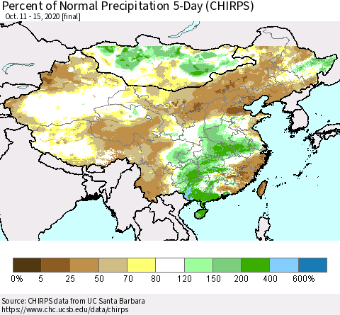 China, Mongolia and Taiwan Percent of Normal Precipitation 5-Day (CHIRPS) Thematic Map For 10/11/2020 - 10/15/2020