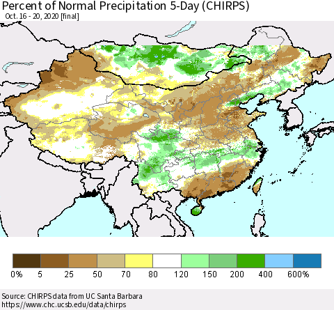 China, Mongolia and Taiwan Percent of Normal Precipitation 5-Day (CHIRPS) Thematic Map For 10/16/2020 - 10/20/2020