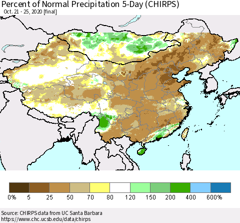 China, Mongolia and Taiwan Percent of Normal Precipitation 5-Day (CHIRPS) Thematic Map For 10/21/2020 - 10/25/2020