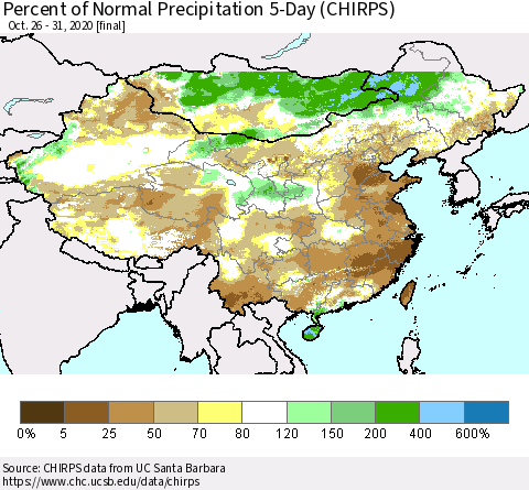 China, Mongolia and Taiwan Percent of Normal Precipitation 5-Day (CHIRPS) Thematic Map For 10/26/2020 - 10/31/2020