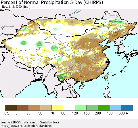 China, Mongolia and Taiwan Percent of Normal Precipitation 5-Day (CHIRPS) Thematic Map For 11/1/2020 - 11/5/2020