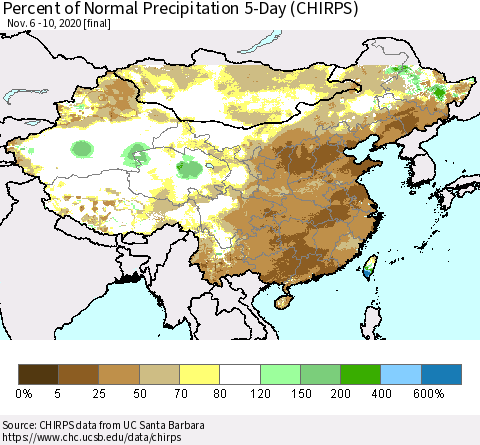 China, Mongolia and Taiwan Percent of Normal Precipitation 5-Day (CHIRPS) Thematic Map For 11/6/2020 - 11/10/2020
