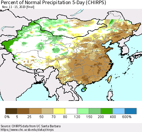 China, Mongolia and Taiwan Percent of Normal Precipitation 5-Day (CHIRPS) Thematic Map For 11/11/2020 - 11/15/2020
