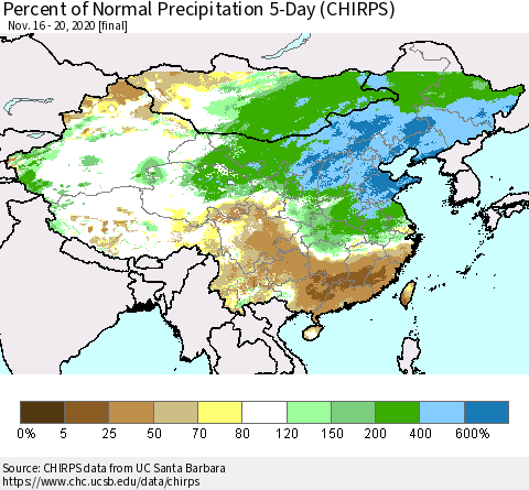 China, Mongolia and Taiwan Percent of Normal Precipitation 5-Day (CHIRPS) Thematic Map For 11/16/2020 - 11/20/2020