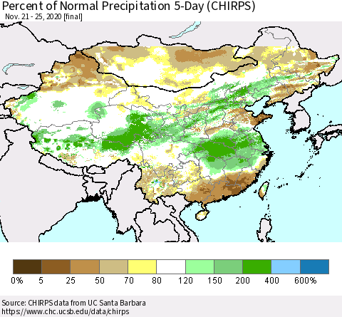 China, Mongolia and Taiwan Percent of Normal Precipitation 5-Day (CHIRPS) Thematic Map For 11/21/2020 - 11/25/2020