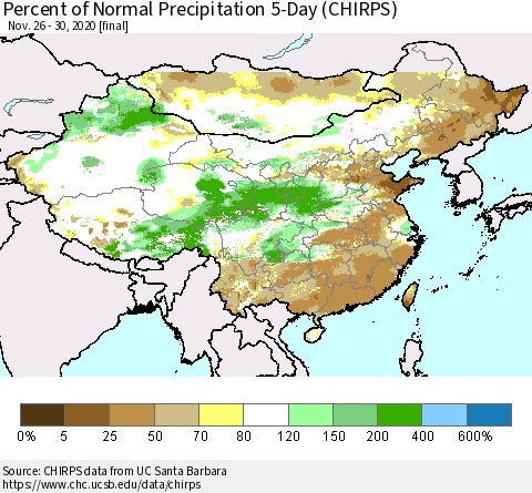 China, Mongolia and Taiwan Percent of Normal Precipitation 5-Day (CHIRPS) Thematic Map For 11/26/2020 - 11/30/2020