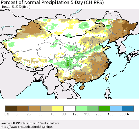 China, Mongolia and Taiwan Percent of Normal Precipitation 5-Day (CHIRPS) Thematic Map For 12/1/2020 - 12/5/2020