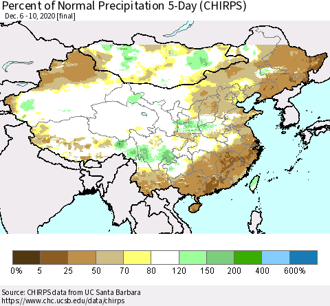 China, Mongolia and Taiwan Percent of Normal Precipitation 5-Day (CHIRPS) Thematic Map For 12/6/2020 - 12/10/2020