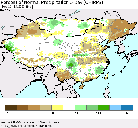 China, Mongolia and Taiwan Percent of Normal Precipitation 5-Day (CHIRPS) Thematic Map For 12/11/2020 - 12/15/2020