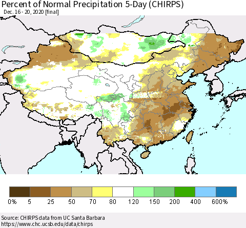 China, Mongolia and Taiwan Percent of Normal Precipitation 5-Day (CHIRPS) Thematic Map For 12/16/2020 - 12/20/2020