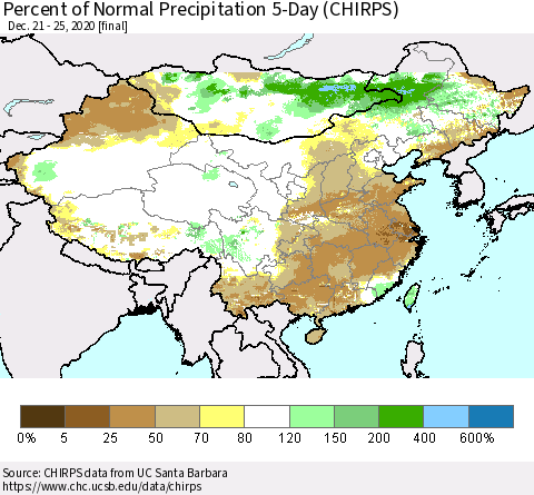 China, Mongolia and Taiwan Percent of Normal Precipitation 5-Day (CHIRPS) Thematic Map For 12/21/2020 - 12/25/2020