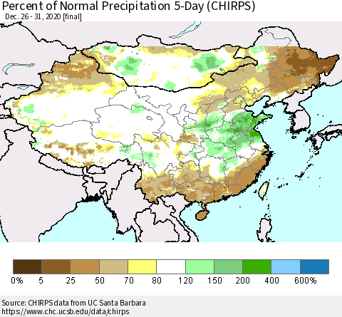 China, Mongolia and Taiwan Percent of Normal Precipitation 5-Day (CHIRPS) Thematic Map For 12/26/2020 - 12/31/2020