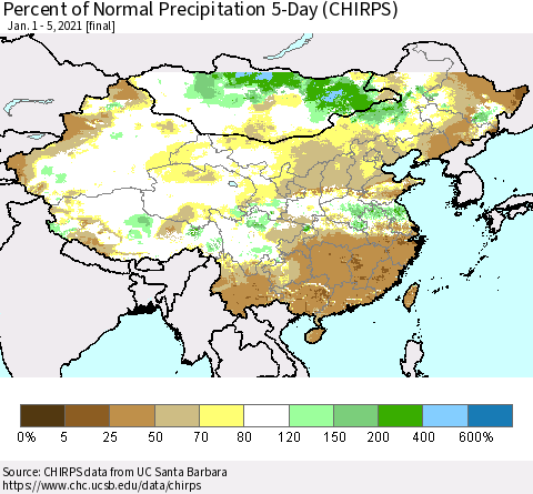 China, Mongolia and Taiwan Percent of Normal Precipitation 5-Day (CHIRPS) Thematic Map For 1/1/2021 - 1/5/2021