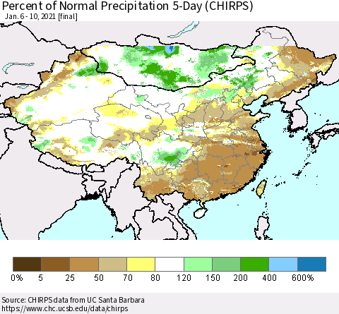 China, Mongolia and Taiwan Percent of Normal Precipitation 5-Day (CHIRPS) Thematic Map For 1/6/2021 - 1/10/2021