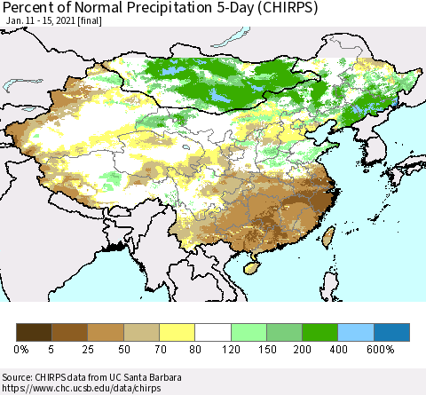 China, Mongolia and Taiwan Percent of Normal Precipitation 5-Day (CHIRPS) Thematic Map For 1/11/2021 - 1/15/2021