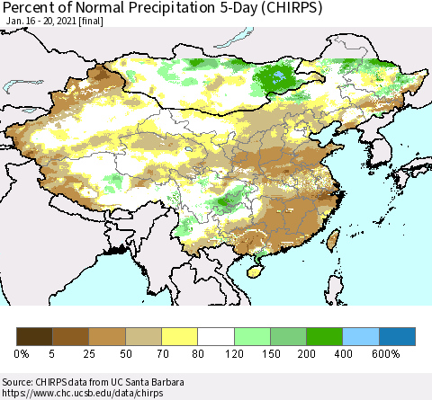 China, Mongolia and Taiwan Percent of Normal Precipitation 5-Day (CHIRPS) Thematic Map For 1/16/2021 - 1/20/2021