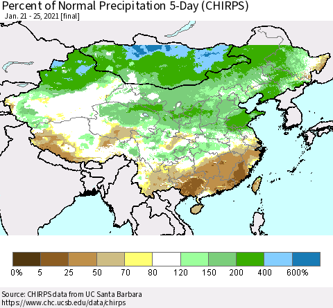 China, Mongolia and Taiwan Percent of Normal Precipitation 5-Day (CHIRPS) Thematic Map For 1/21/2021 - 1/25/2021