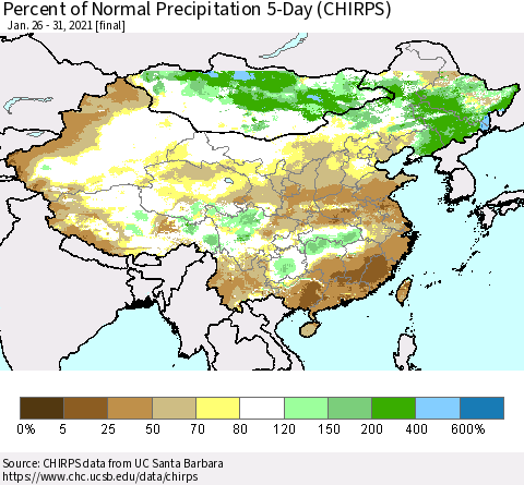 China, Mongolia and Taiwan Percent of Normal Precipitation 5-Day (CHIRPS) Thematic Map For 1/26/2021 - 1/31/2021