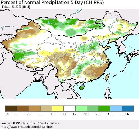 China, Mongolia and Taiwan Percent of Normal Precipitation 5-Day (CHIRPS) Thematic Map For 2/1/2021 - 2/5/2021