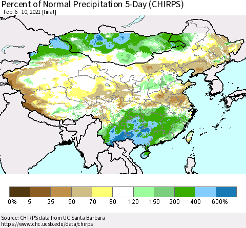 China, Mongolia and Taiwan Percent of Normal Precipitation 5-Day (CHIRPS) Thematic Map For 2/6/2021 - 2/10/2021