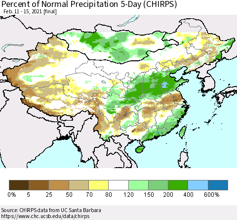 China, Mongolia and Taiwan Percent of Normal Precipitation 5-Day (CHIRPS) Thematic Map For 2/11/2021 - 2/15/2021