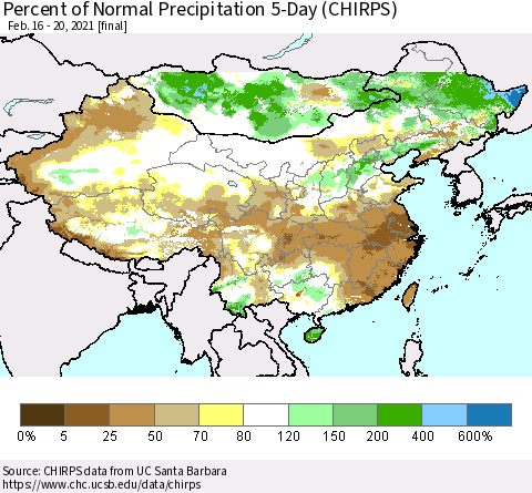 China, Mongolia and Taiwan Percent of Normal Precipitation 5-Day (CHIRPS) Thematic Map For 2/16/2021 - 2/20/2021