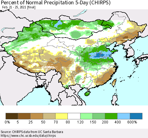 China, Mongolia and Taiwan Percent of Normal Precipitation 5-Day (CHIRPS) Thematic Map For 2/21/2021 - 2/25/2021