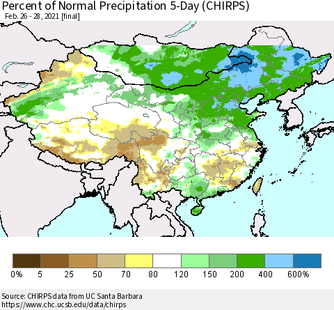 China, Mongolia and Taiwan Percent of Normal Precipitation 5-Day (CHIRPS) Thematic Map For 2/26/2021 - 2/28/2021