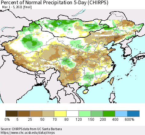 China, Mongolia and Taiwan Percent of Normal Precipitation 5-Day (CHIRPS) Thematic Map For 3/1/2021 - 3/5/2021