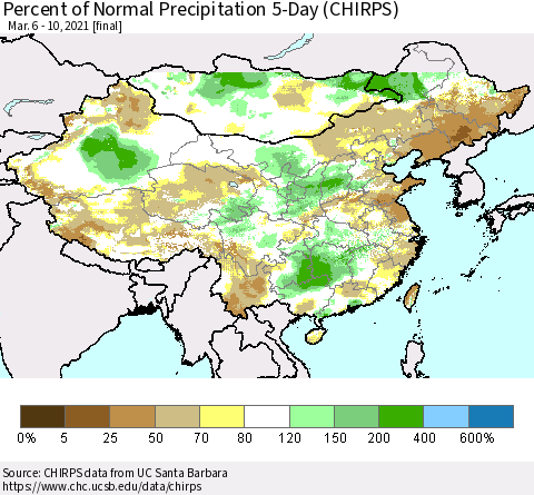 China, Mongolia and Taiwan Percent of Normal Precipitation 5-Day (CHIRPS) Thematic Map For 3/6/2021 - 3/10/2021