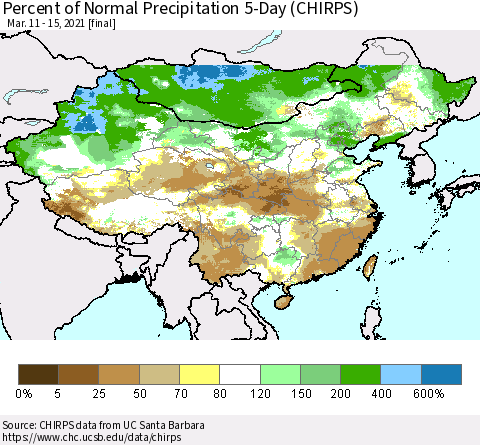 China, Mongolia and Taiwan Percent of Normal Precipitation 5-Day (CHIRPS) Thematic Map For 3/11/2021 - 3/15/2021