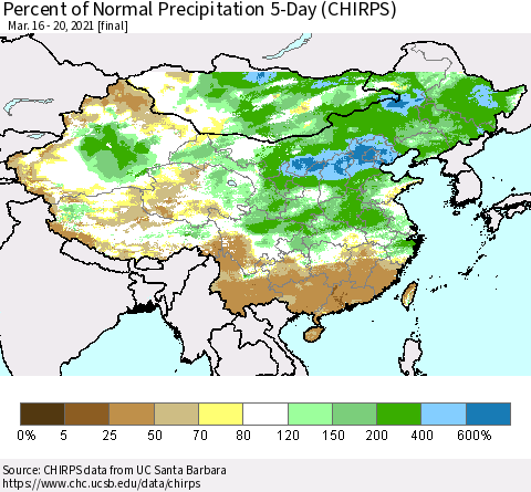 China, Mongolia and Taiwan Percent of Normal Precipitation 5-Day (CHIRPS) Thematic Map For 3/16/2021 - 3/20/2021