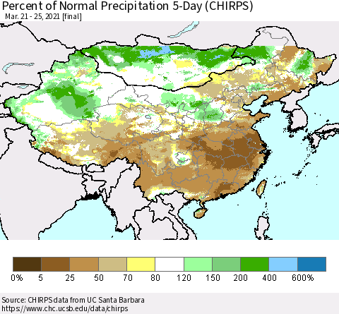 China, Mongolia and Taiwan Percent of Normal Precipitation 5-Day (CHIRPS) Thematic Map For 3/21/2021 - 3/25/2021